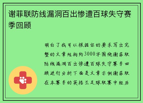 谢菲联防线漏洞百出惨遭百球失守赛季回顾