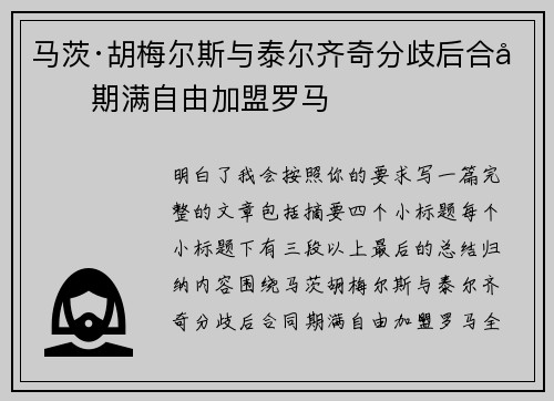 马茨·胡梅尔斯与泰尔齐奇分歧后合同期满自由加盟罗马 马茨·胡梅尔斯与泰尔齐奇分歧后合同期满自由加盟罗马